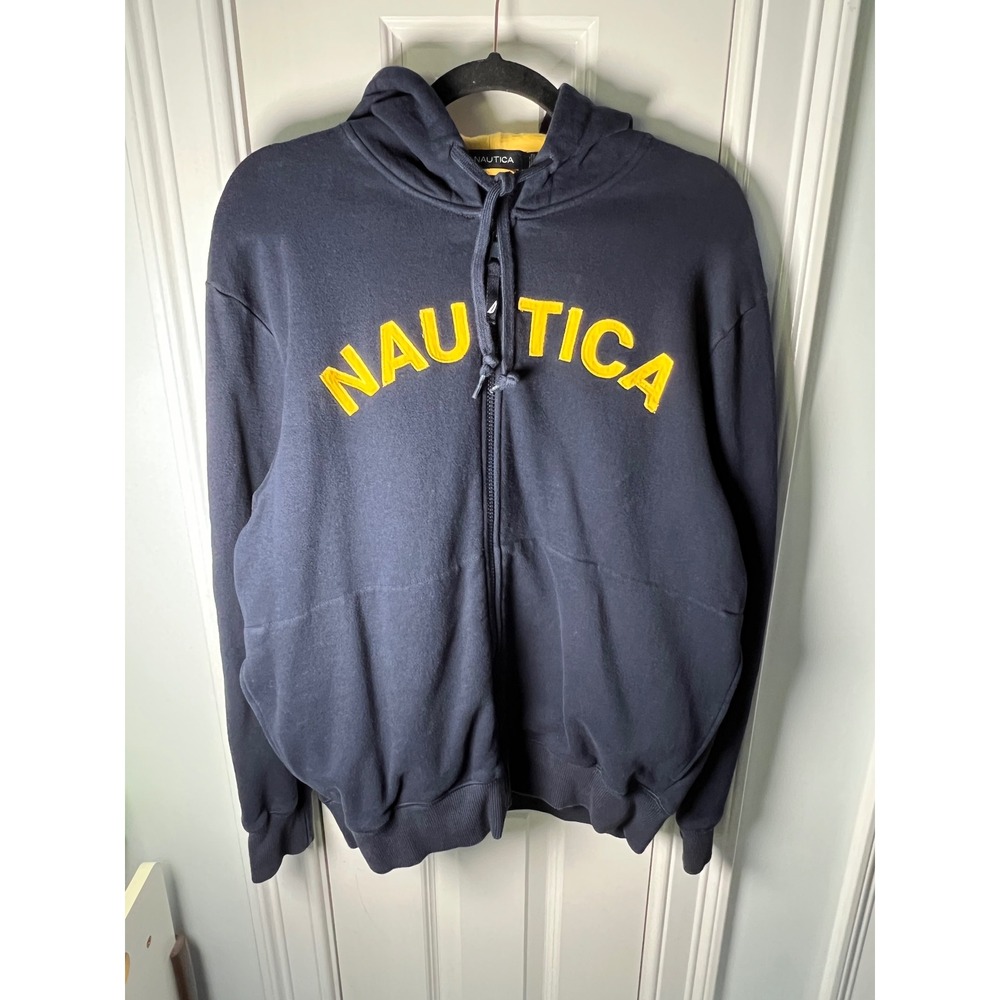 Nautica Mens Full Zip Hoodie Navy Blue Yellow Spellout Logo Fleece Sweatshirt M